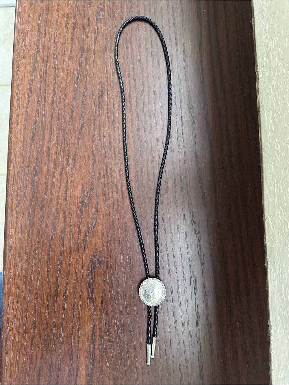 Vintage Western Bolo Tie Silver Tone Floral Concho Black Braided Cord